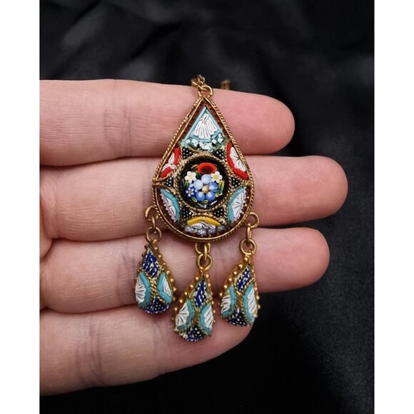 Vintage 1920s-1940s Gold-Tone Millefiori Mosaic Pendant Necklace With Teardrop C - Picture 6 of 7